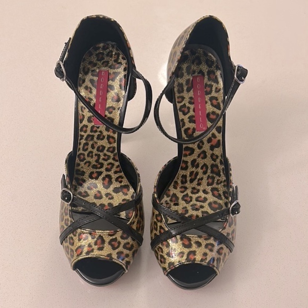 Pleaser Bordello Sparkle Cheetah Peep-toe Heels Size 8